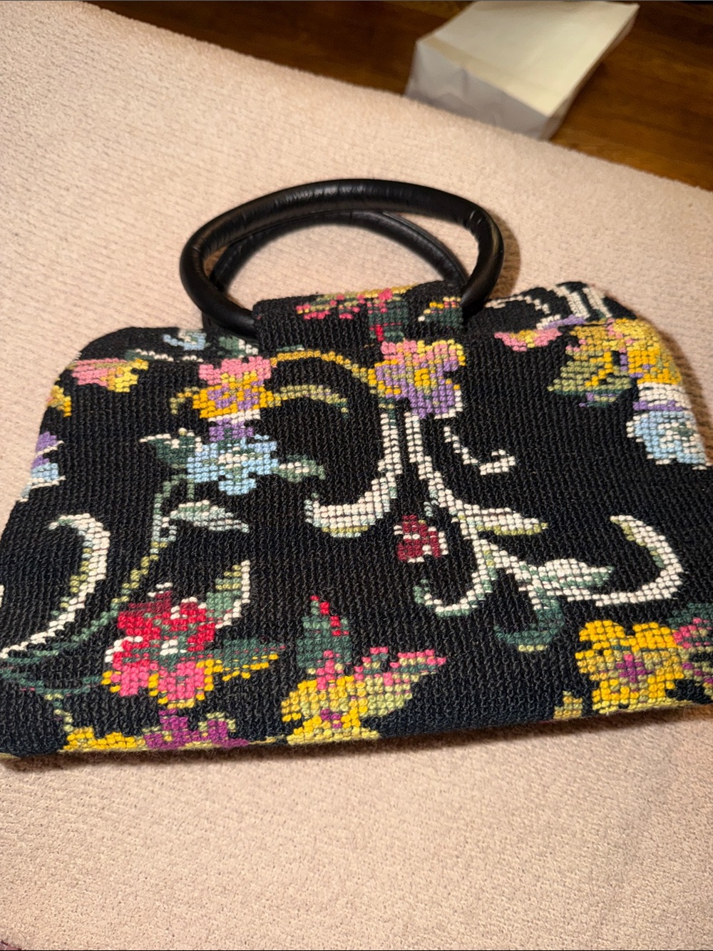 Vintage Black Floral Embroidered Top-Handle Tote